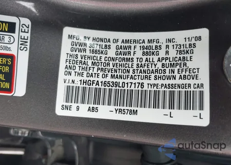 2009 Honda Civic Lx из США, поврежденный, VIN 1HGFA16539L017176